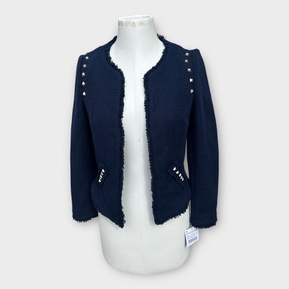 Zara Navy Tweed Frayed-Edge Blazer with Stud Accents - Picture 3 of 9